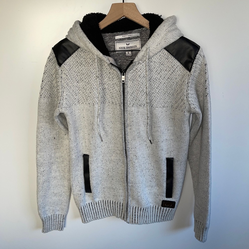 Nick‎ Danger Women S Speckled Knit Faux Leather Trim Zip Up Hoodie Sweater